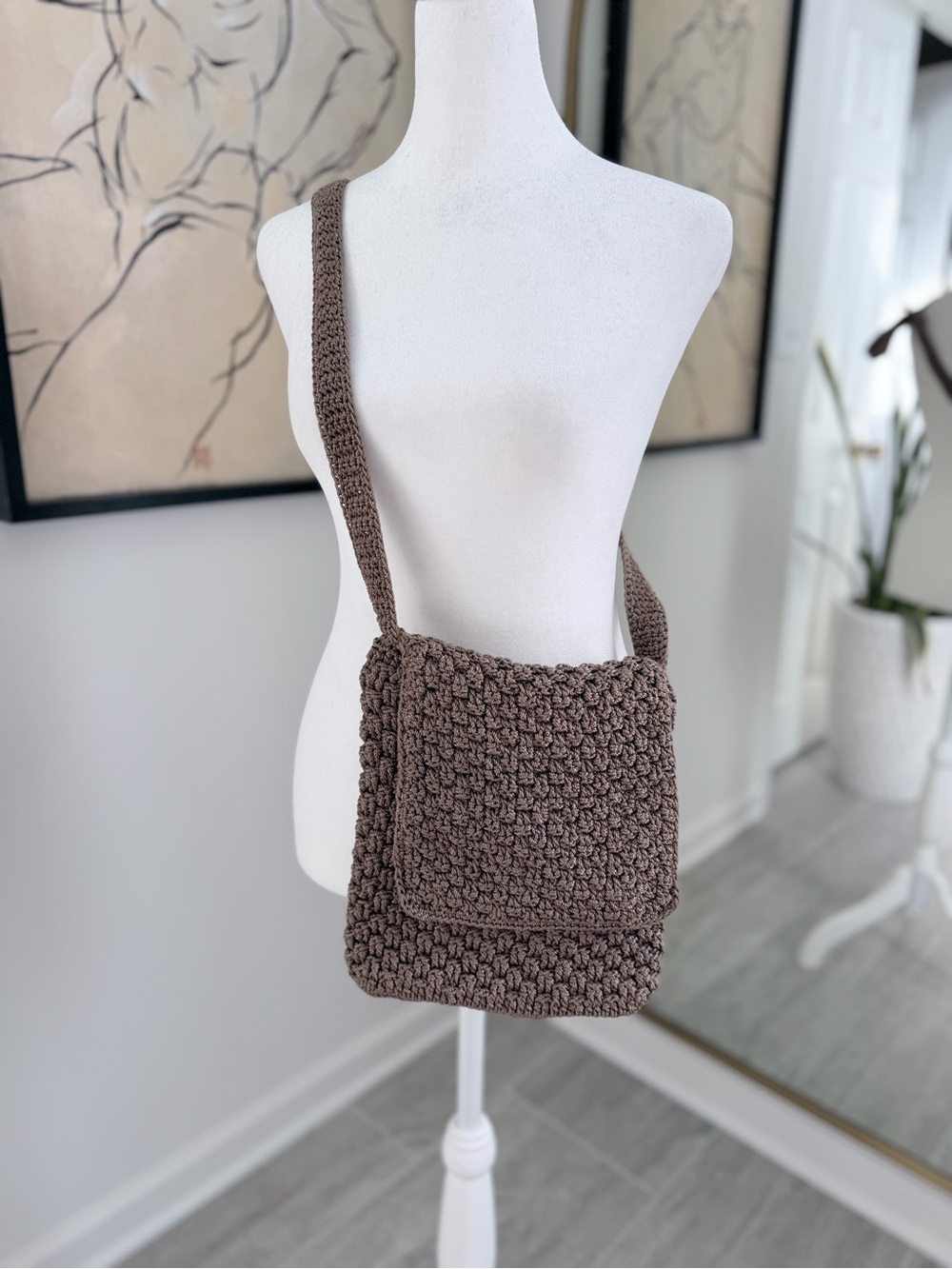 The Sak Crochet Crossbody Bag Brown Woven Boho Shoulder Purse Messenger